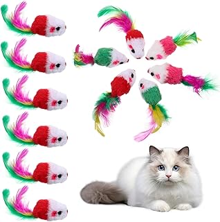 12 Pieces Cat Toys Cat Game Mouse with Feather Interactive Toy | with feather tail for indoor cats, realistic plush mice for hunting and playing for adult cats and kittens