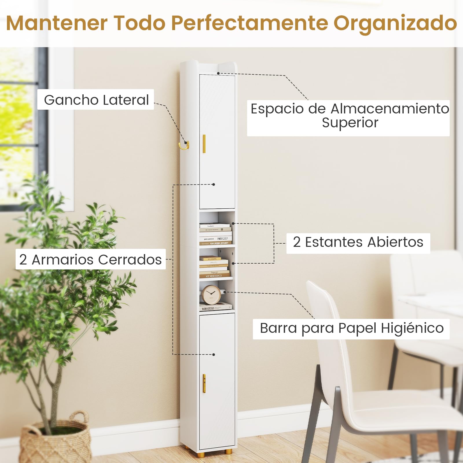 COSTWAY Armario Alto de Baño con 2 Puertas y Estantes Ajustables, Barra para Papel Higiénico y Gancho Lateral, Diseño Antivuelco, Mueble Columna Delgado, 20x20x180 cm(Blanco)