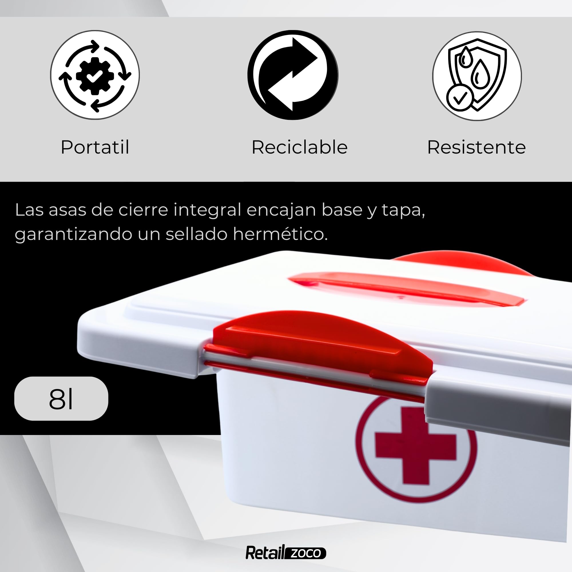 TECHZOCO Caja Medicamentos para Botiquín de Primeros Auxilios y Medicinas, Caja botiquín con tapa y asas, Porta medicinas, Botiquin farmacia, 35.5 cm largo x 21 cm alto x 23 cm fondo, 8 Litros