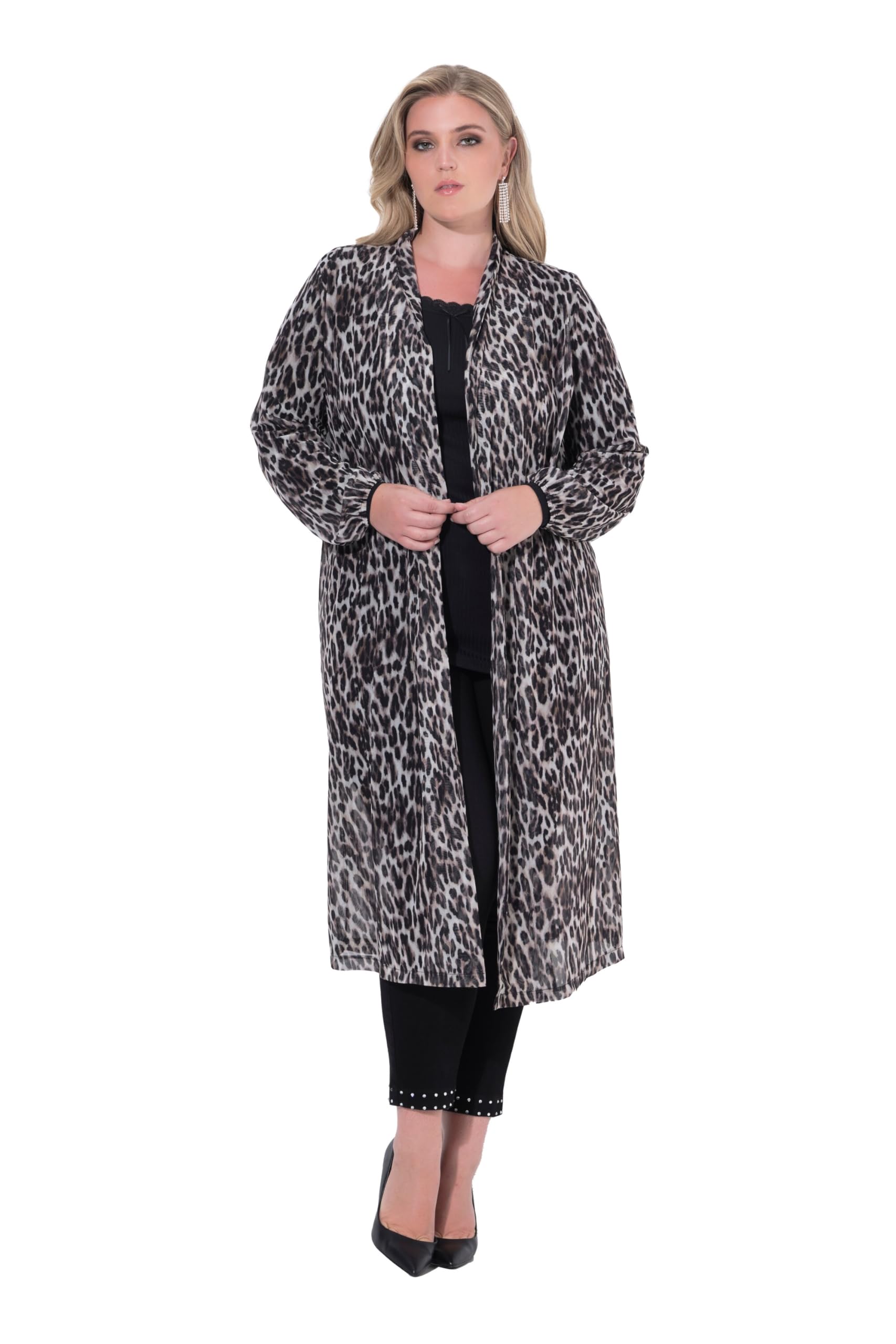 MIAMODA Damen große Größen Übergrößen Plus Size Mesh-Longjacke, transparent, Leomuster, offene Form 843344