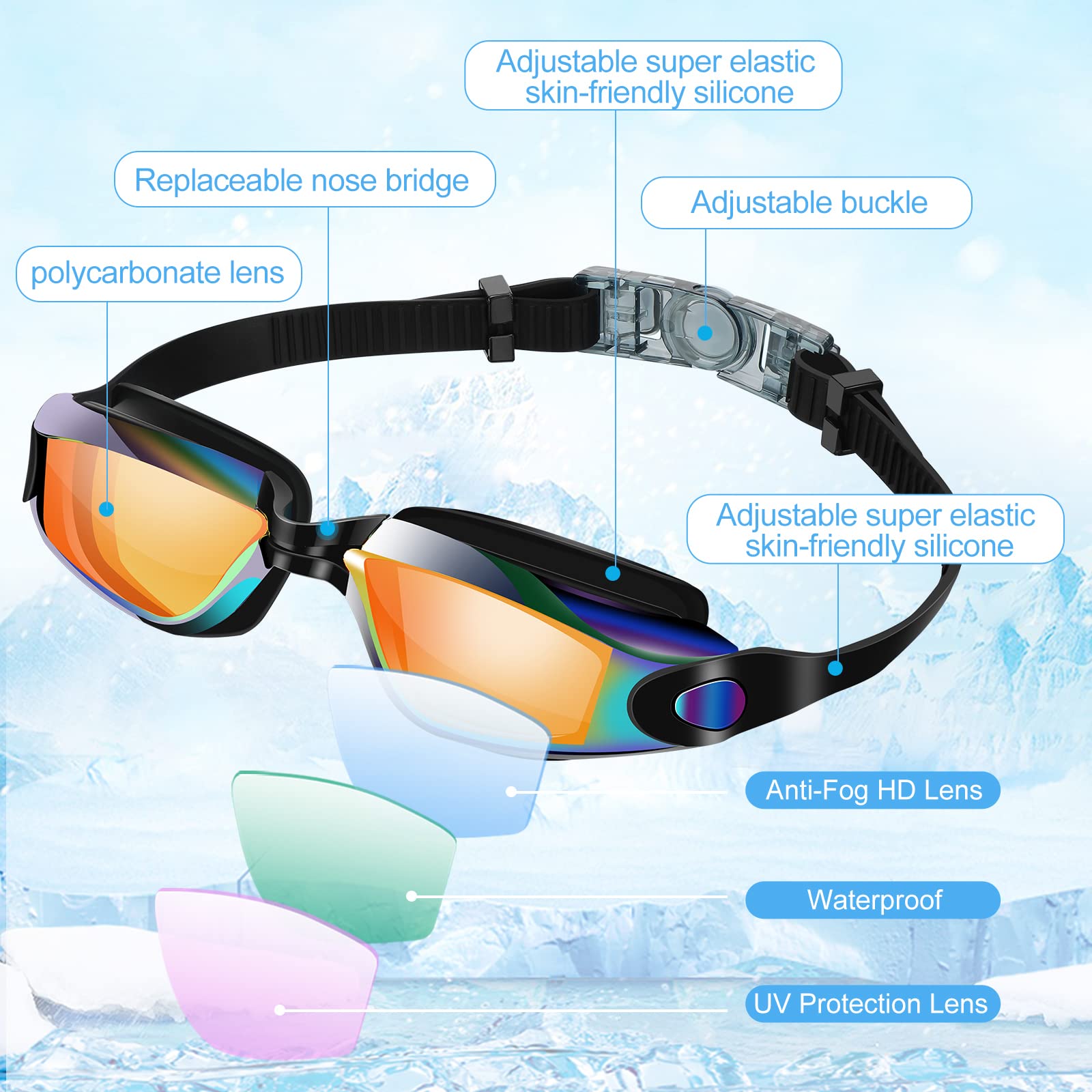 Treela 10 gafas de natación de silicona antivaho sin fugas para adultos (estilo vívido)
