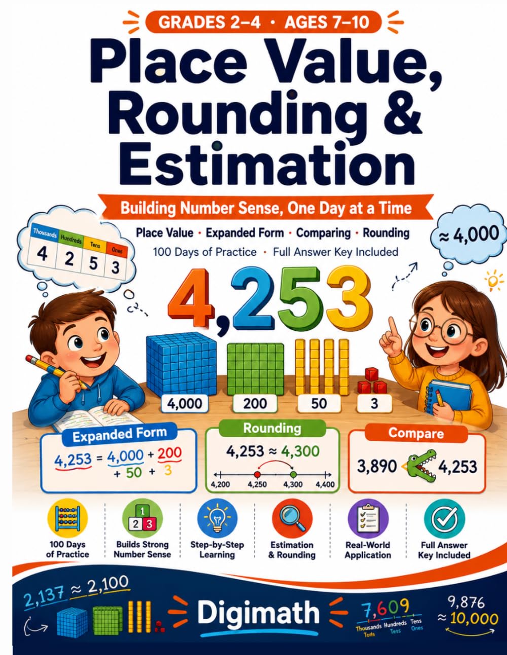 Place Value, Rounding & Estimation Workbook for Grades 2-4: Place Value, Expanded Form, Comparing, Rounding & Estimating | 100 Days of Practice | Math Drills for Ages 7-10 with Full Answer Key