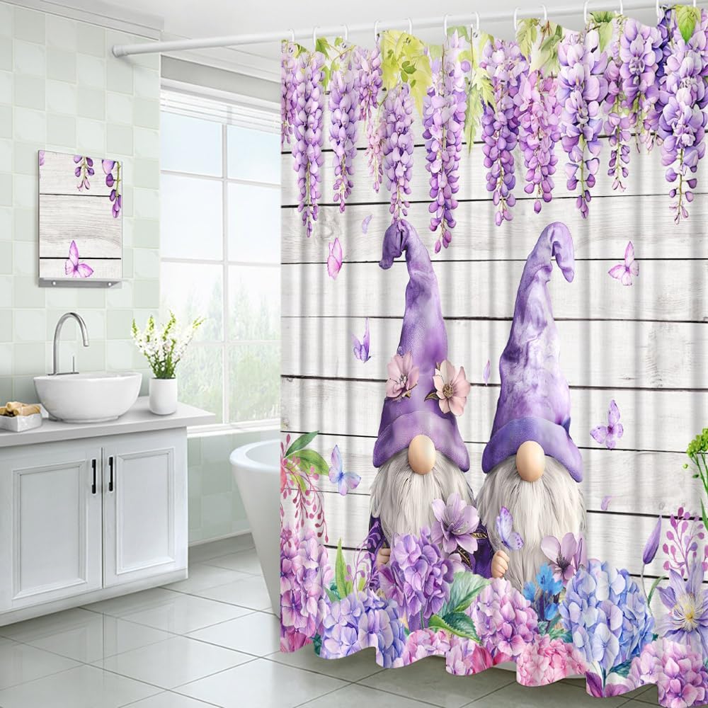 Floral Gnomes Shower Curtain Violet Purple Flower Rustic Wooden Board Romantic Farmhouse Fabric Bathroom Decor Curtains with Hooks, 70" Wx90 H
