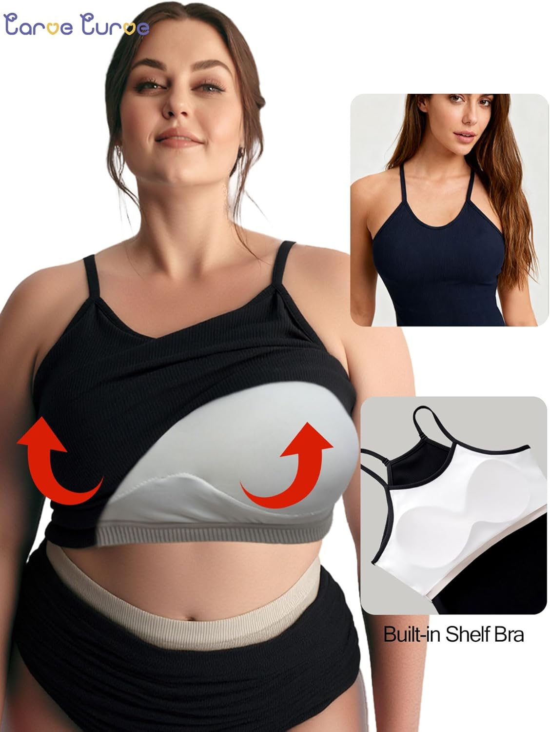 3 Pack White Tank Top for Women Spaghetti Strap Womens Tank Tops with Built in Bras Crop Tops Women Built in Bra - Image 3