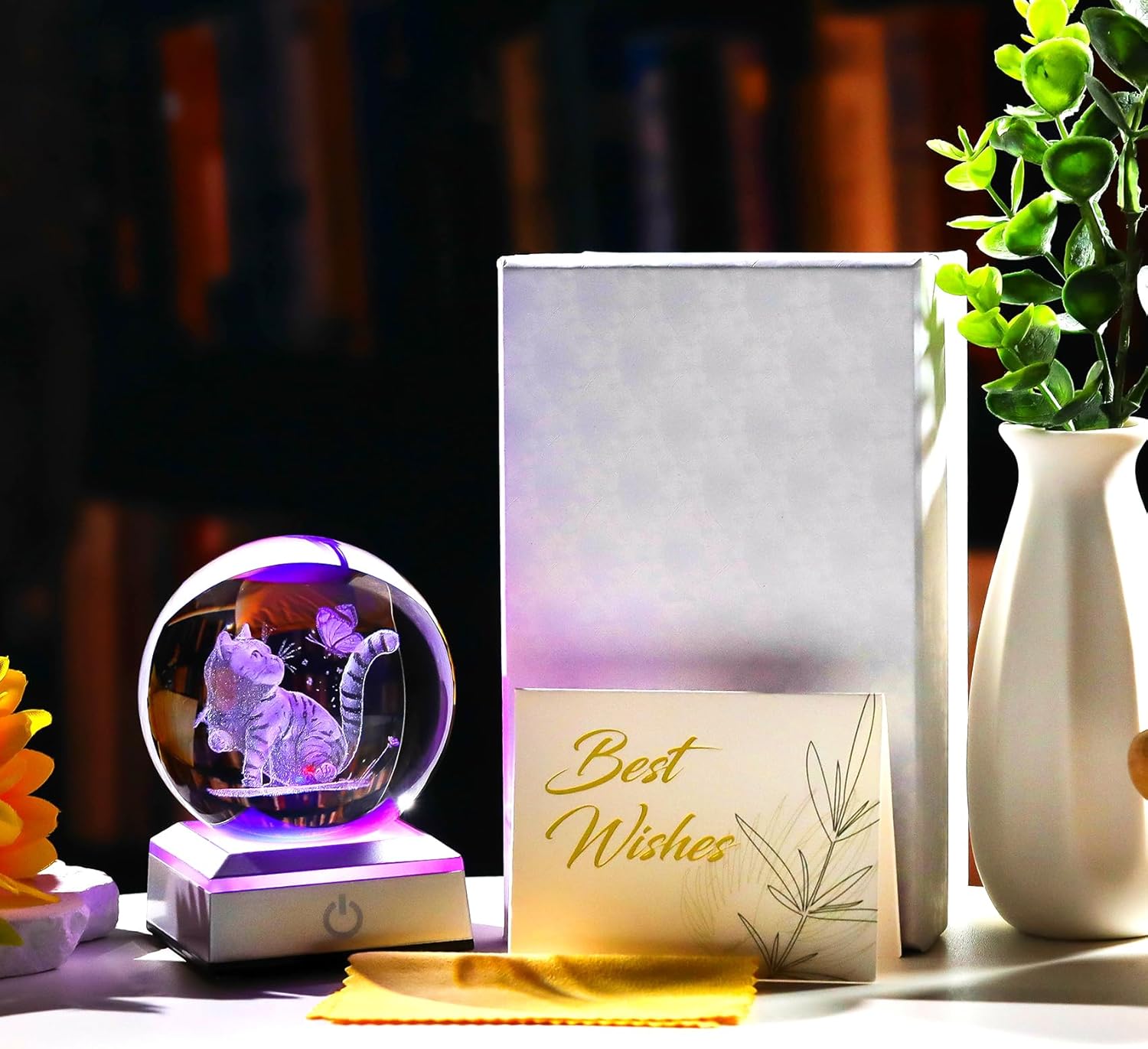3D Cat Themed Gifts for Women, Mom - 3.15in Crystal Ball Engraved Cat Butterflies with LED Light Base - Mother's Day Birthday Cat Night Light Figurine for Home Decor