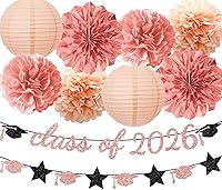 Vista 11 de Suministros de fiesta de graduación con purpurina para la clase de pancarta, telón de fondo colgante, flores, pompones, decoración plateada