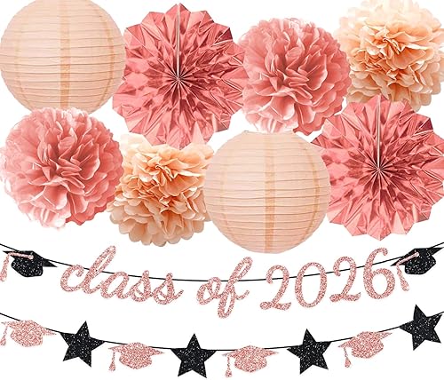 Miniatura 11 de Suministros de fiesta de graduación con purpurina para la clase de pancarta, telón de fondo colgante, flores, pompones, decoración plateada