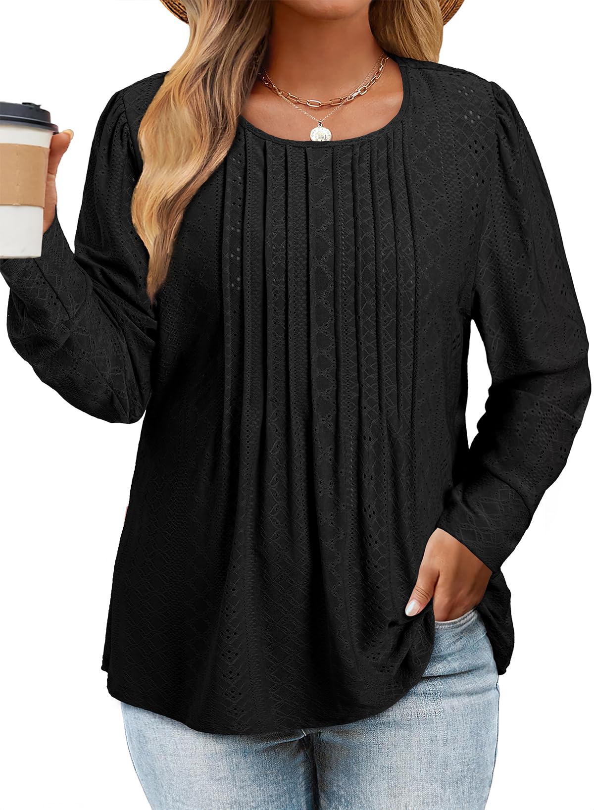 Eytino Womens Plus Size Long Sleeve Tops Crew Neck Pleated Flowy Eyelet Tunic Tops Loose Casual Blouses Fall Shirts(1X-5X)