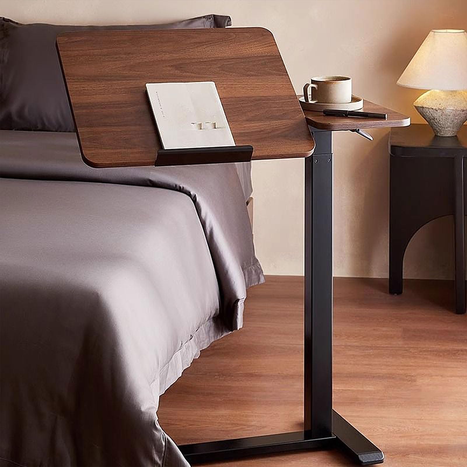 Drsyffsup Mesa de Noche Ajustable en Altura con Ruedas Ocultas, Mesa de Cama con Ruedas y Plataforma inclinable neumática, Mesa Auxiliar para sofá o Silla de Hospital, Color marrón Nogal