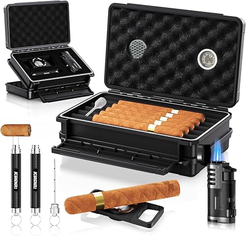 Travel Humidor Box - Double Layer, with Torch Lighter, Cigar Cutter