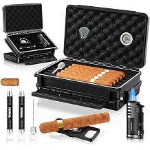 Travel Humidor Box - Double Layer, with Torch Lighter, Cigar Cutter, Punch & Holder, Draw Enhancer, Humidifier & Hygrometer, Gift Accessories Kit, Portable Case Set