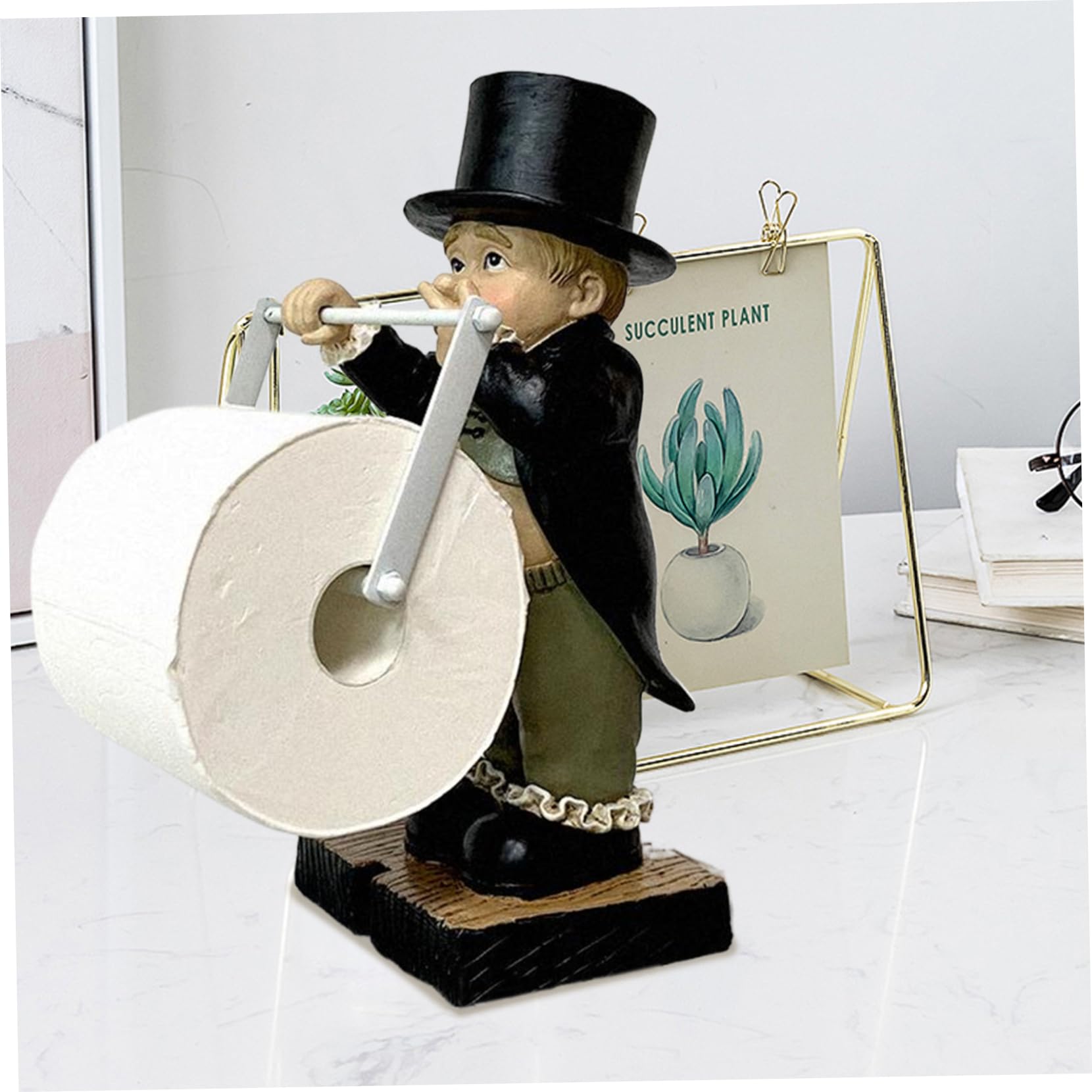 Porte-papier toilette unique, figurines de résine de bouton de toilette 6x3 garçon tenant la statue du majordome de nez avec plateau sculptures modernes décoration intérieure pour table de table