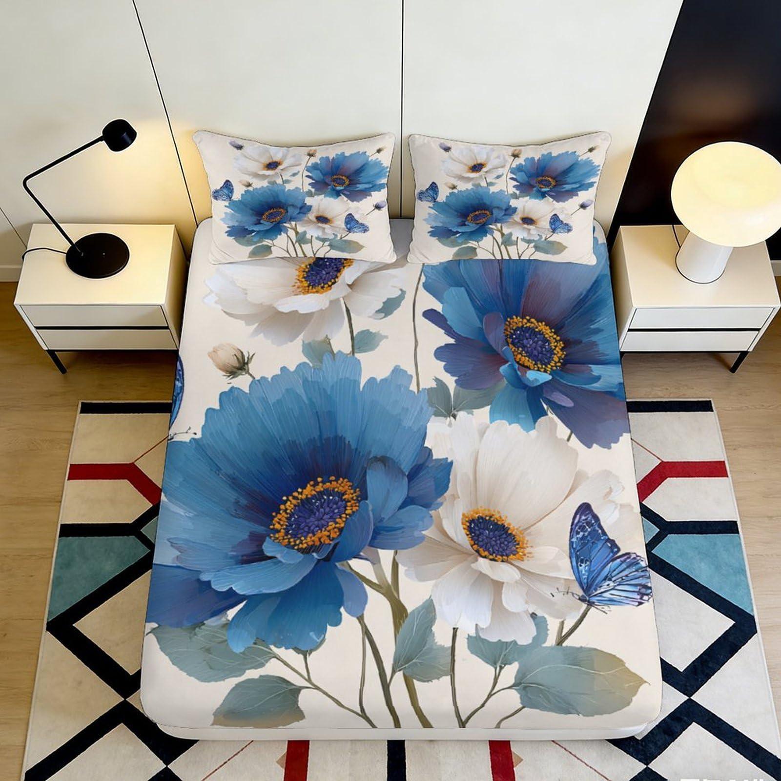 Pnayamiorkfel Style-1 3D Printed Blue Floral Fitted Sheet Microfiber Soft Breathable Butterfly Bed Sheet For Bedroom Guestroom Decor 90X200x25cm