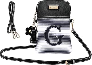 inOne Crossbody Bag Cell Phone Purse - Women PU Leather Handbag with Black and White Stripe Canvas Adjustable Straps - Monogram - Letter G