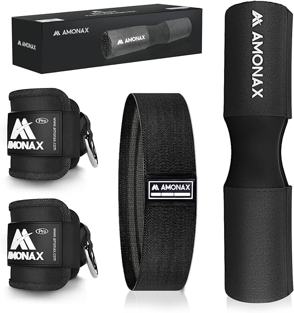 Amonax Barbell Squat Pad Set (Hip Thrust Pad, Fabric resistance band for booty, ankle strap for cable pulley system) exercise and fitness, booty leg glute training, gym accessories men women