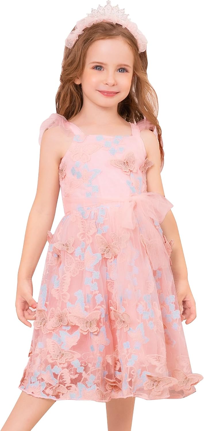 OBEEII Toddler Baby Girls Butterfly Dress Sleeveless Embroidered Butterfly Tulle Dress Flower Girl Birthday Party Dress
