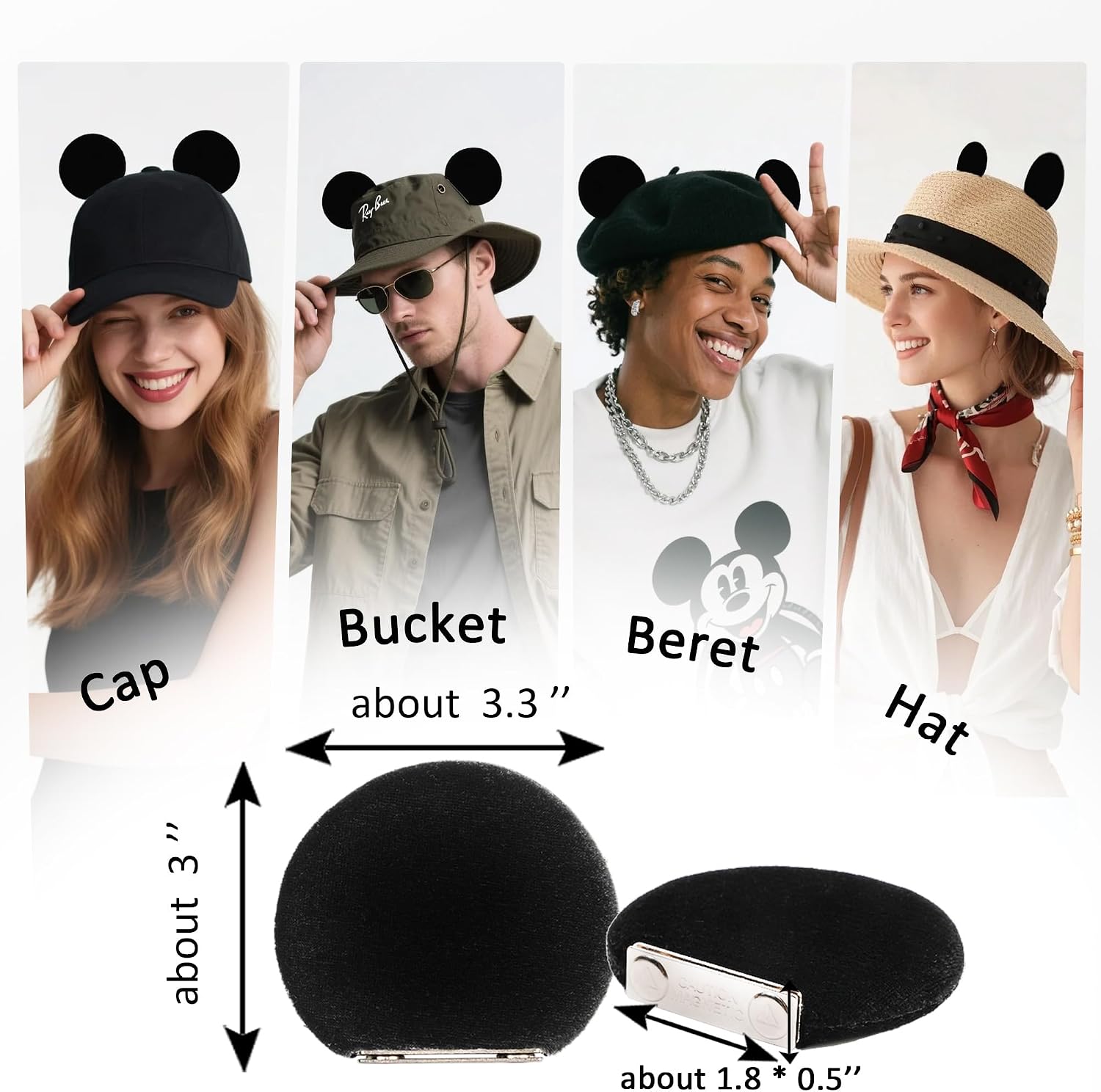 zhezesmila 2 Pairs Magnetic Mouse Ears for Cap Hat Beret Bucket Hat