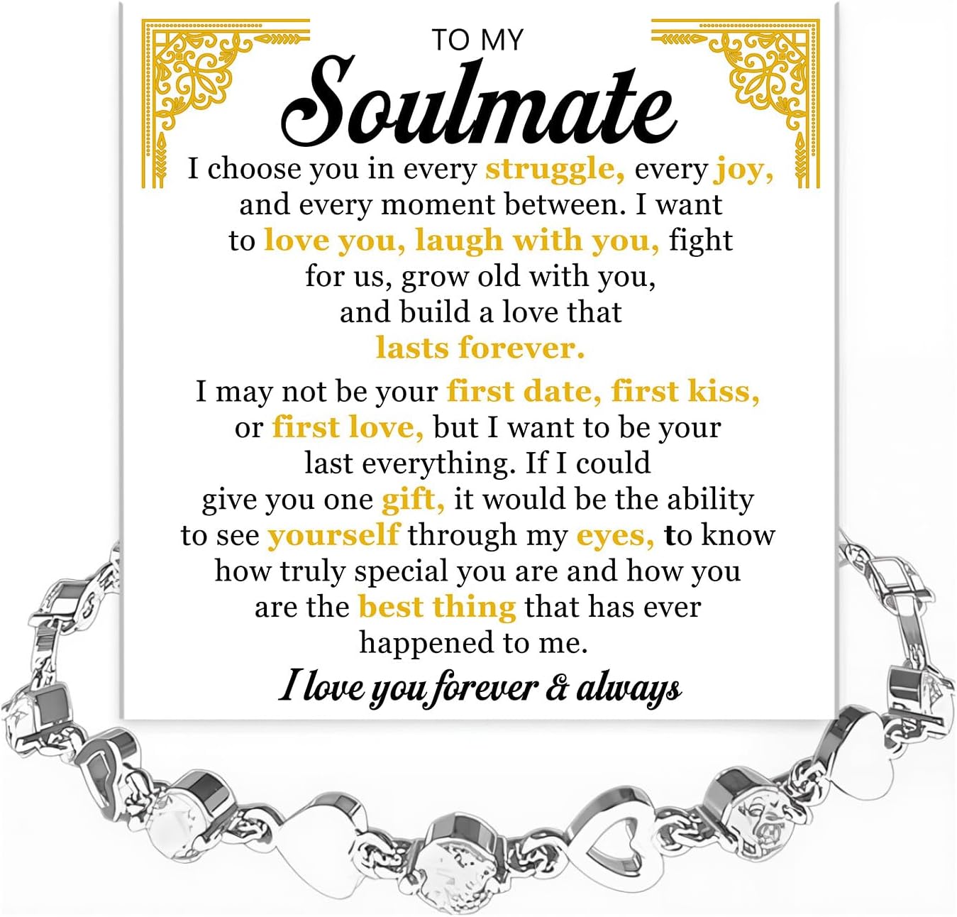To My Beautiful Soulmate Heart Bracelet for Women – Romantic Gift for Wife, Girlfriend or Fiancée from Husband – Love Message Card & Gift Box, Anniversary Valentine Birthday Jewelry