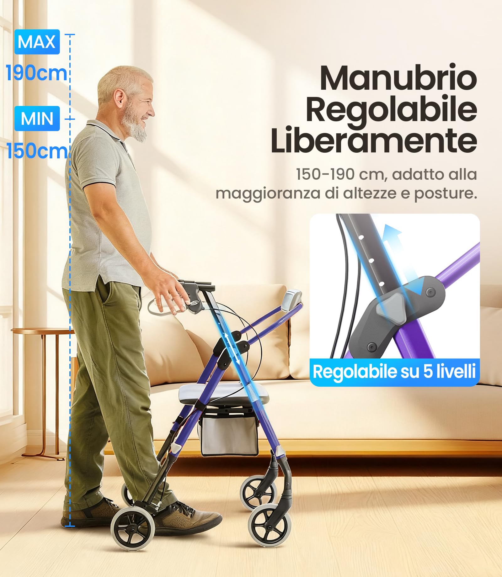 VOCIC Deambulatore pieghevole e leggero con seduta, 6,3 kg ultraleggero | Deambulatore per anziani, max 150 kg, sedile ergonomico, altezza regolabile, walker stretto per casa & viaggi, viola