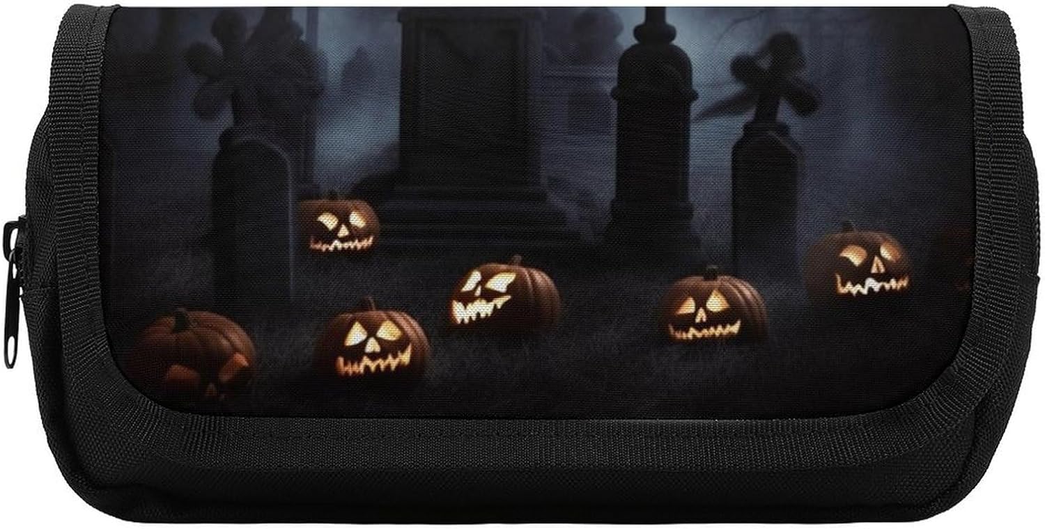 Pencil Case Gothic Happy Halloween Large Capacity Pencil Case Double Zipper Storage Bag 2 Compartments Portable Multifunctional Bag Desk Organizer Marker Pen Case