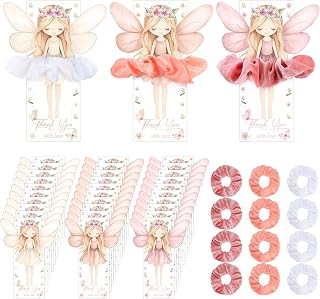 24 Sets Fairy Party Favors, Hair Scrunchies & Thank You Cards | 24 Fairy Themed Thank You Cards, Soft Elastic Hair Ties for Girls, Birthday Party Accessories, Dance Recital Gifts