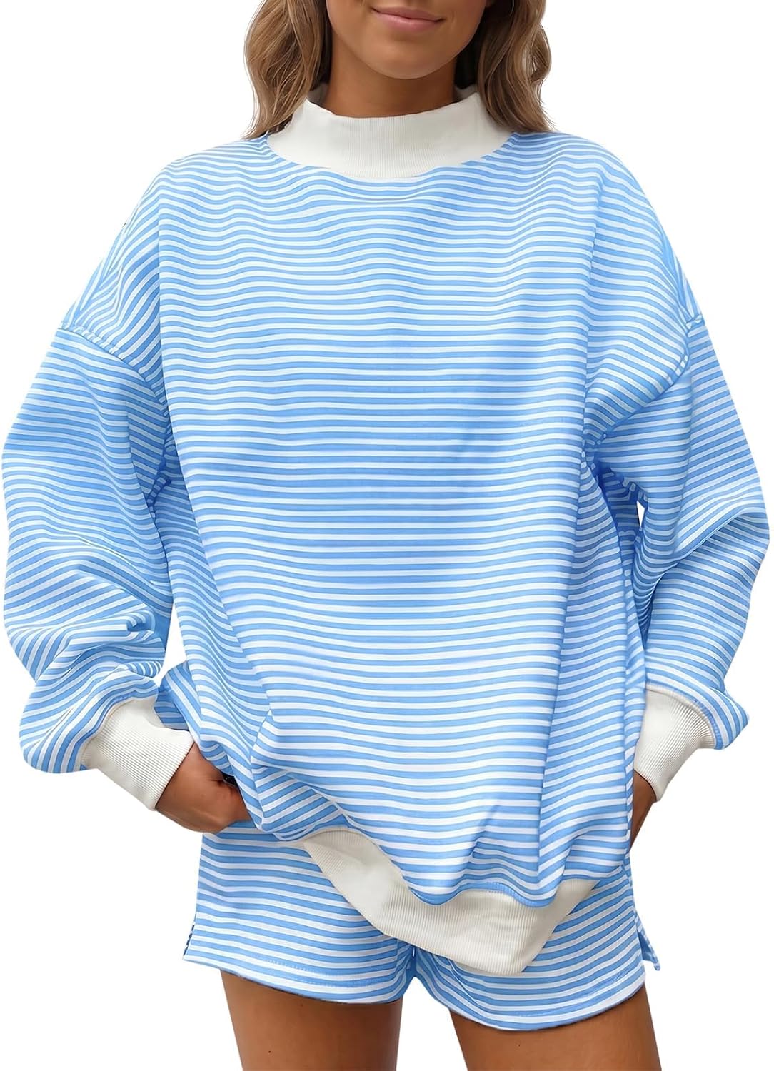 Fisoew Womens Striped 2 Piece Matching Sets Mock Neck Workout Lounge Outfit