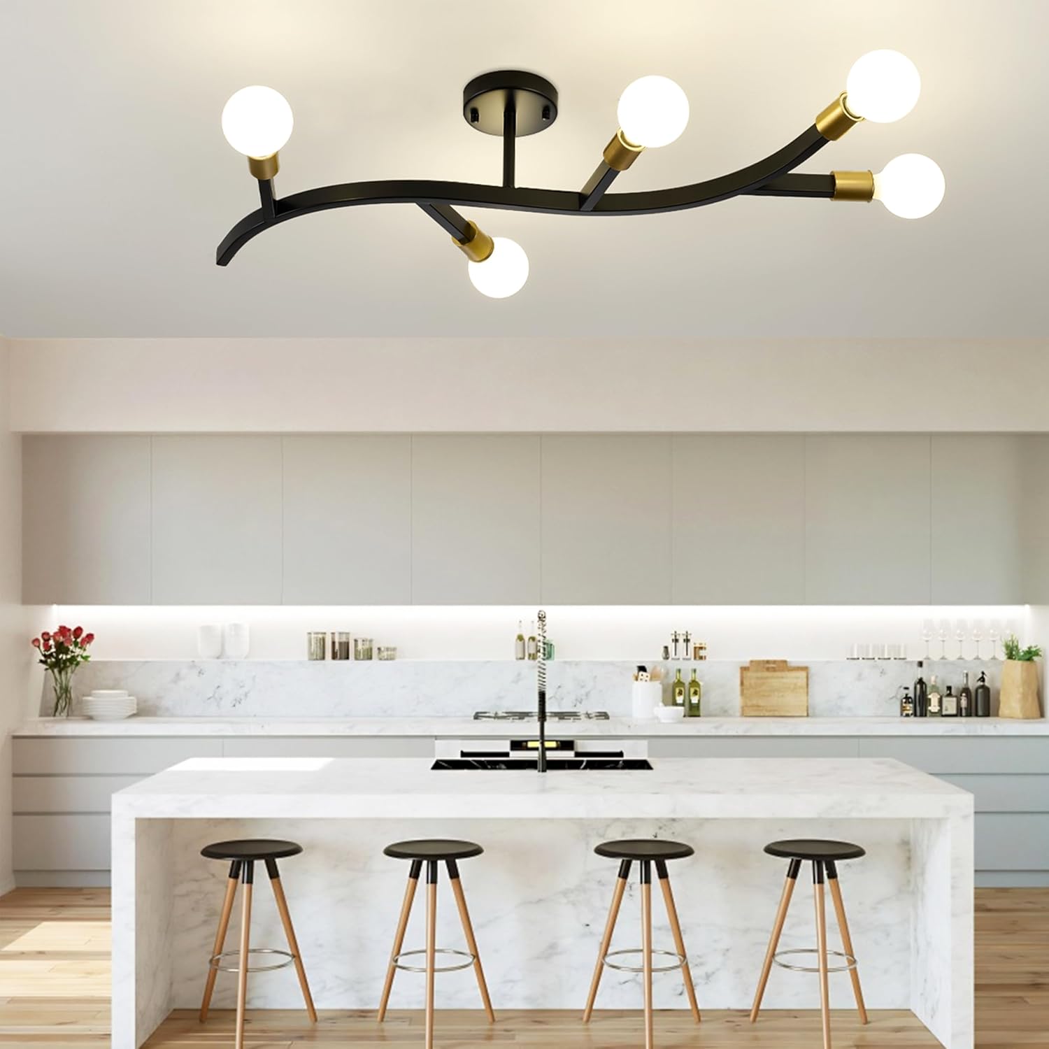 Mid Century Modern 5-Light Sputnik Chandelier, Gold & Black Off-Center Semi Flush Mount Ceiling Light for Living Room, Dining Room, Kitchen - E26 Base, Bulbs Not Included
