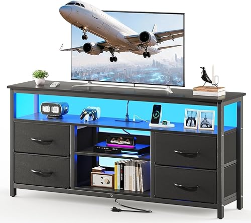 Haewon Soporte de TV para televisores de hasta 65 pulgadas, centro de entretenimiento con luces LED y estación de carga, mesa consola multimedia de