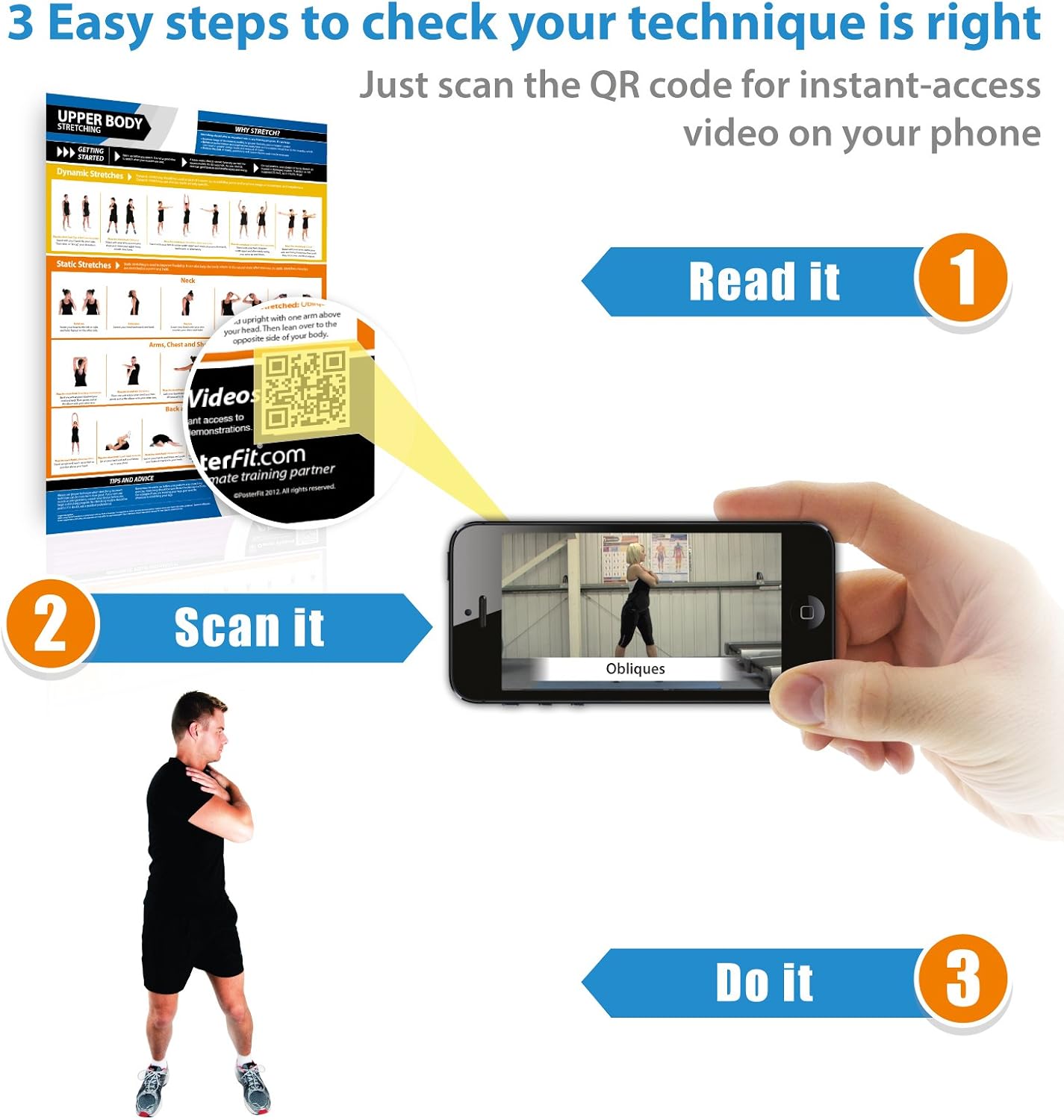 Upper Body Stretching Gym Poster - EXTRA LARGE 33” x 23.5” - Laminated - Dynamic & Static Stretches - Home & Gym Poster - Includes Online Video Training Support - By Posterfit.