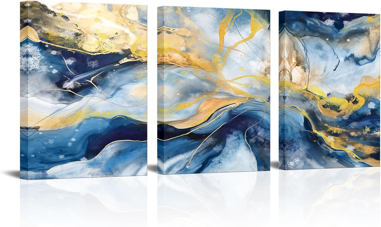 Zlove Abstract Wall Art Modern Marble Vortex Wall Decor Blue and Gold Painting for Bedroom Living Room Office, 12"x16", 3Pcs (Blue)