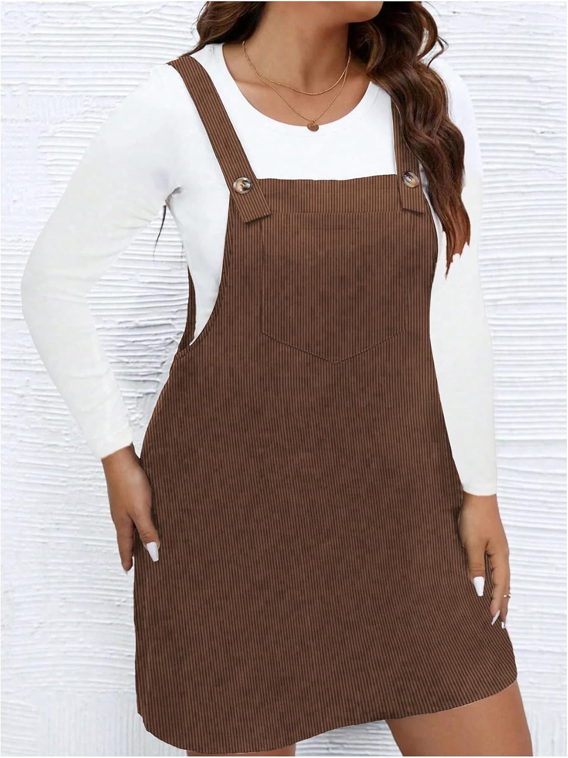 WDIRARA Women's Plus Size Corduroy Sleeveless Short Pinafore Overall Dress with Pocket - Image 4