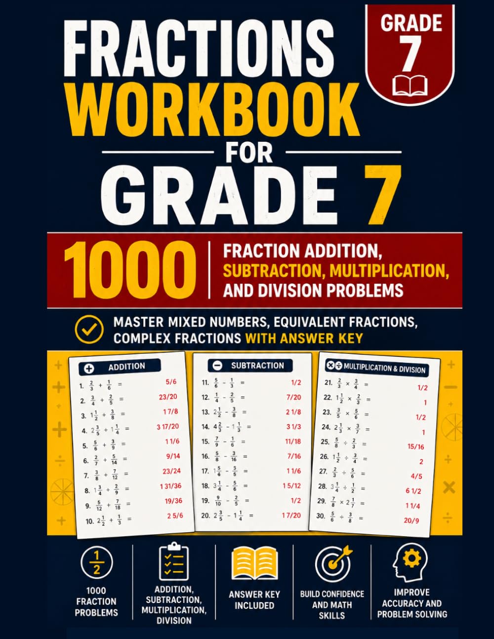Fractions Workbook for Grade 7: 1000 Fraction Addition, Subtraction, Multiplication, and Division Problems With Answer Key | Master Mixed Numbers, Equivalent Fractions, Complex Fractions