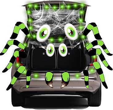 Halloween Trunk Or Treat Car Decorations Kit, Spiders Design Garage Door Decorations with Spider Web Green String Lights, Halloween Outdoor Decorations for Cars SUV Entryway Archway