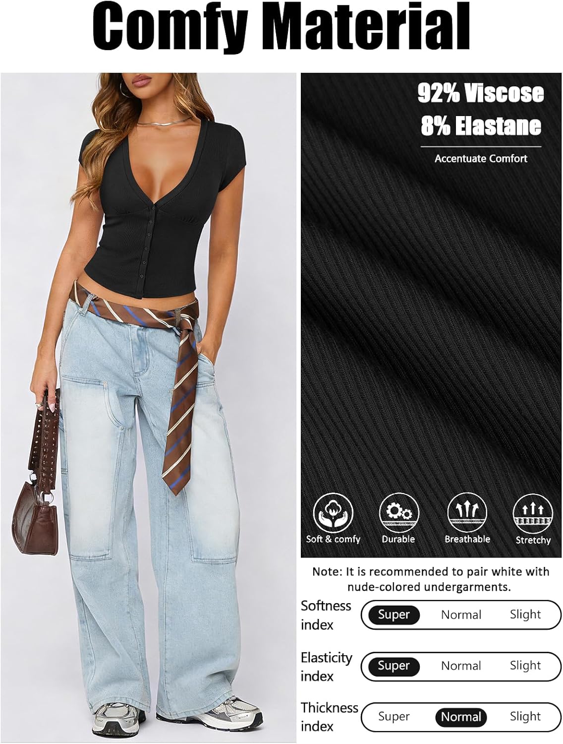 Women's Ribbed Button Down Shirt Cap Sleeve Tops for Women Button Up Knit Slim Fit Casual Y2K Crop Going Out Top - Image 6