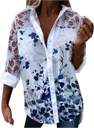 Sheer Lace Casual Shirt V Neck Button 
