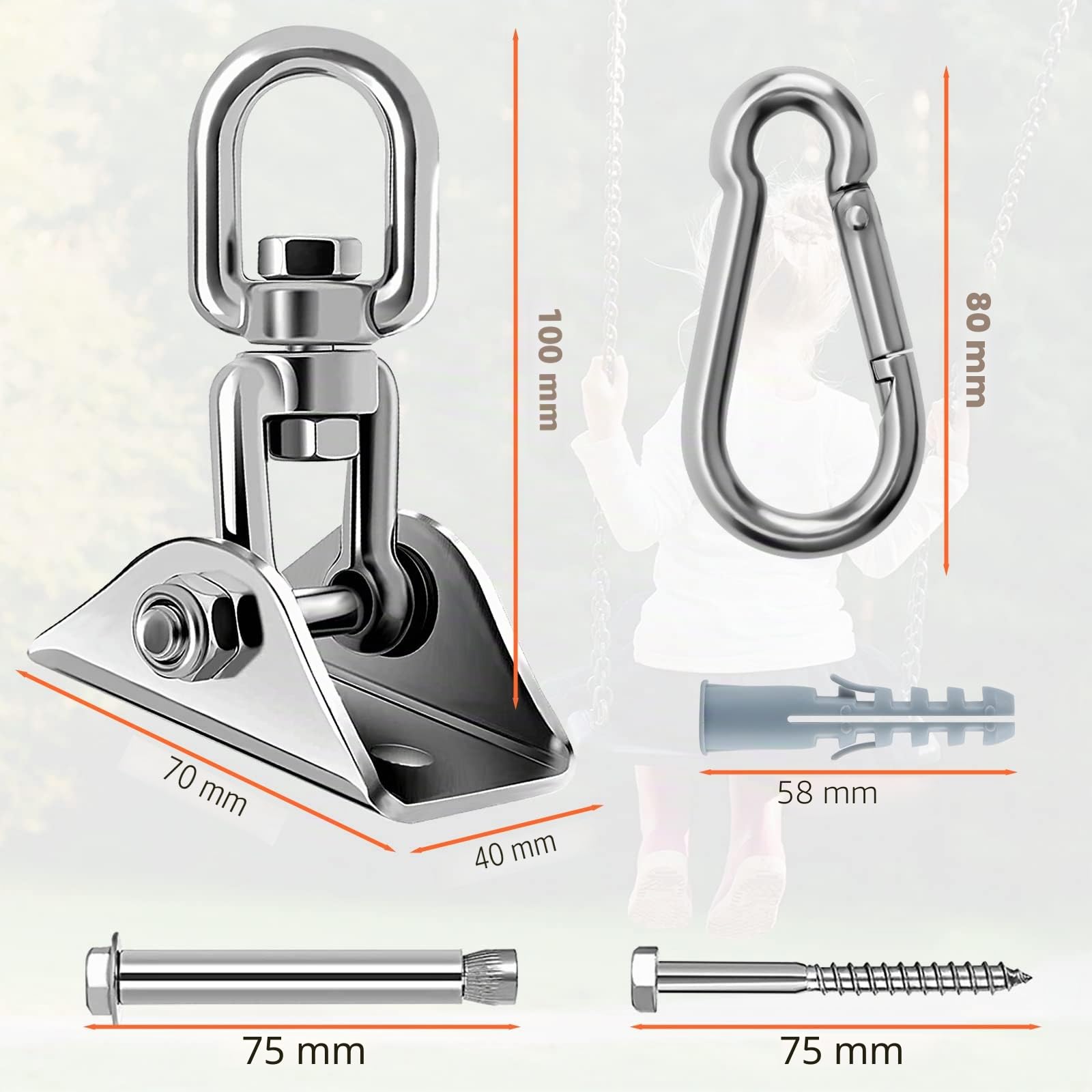 Gancio Soffitto Ganci Altalena 360° Rotazione Set Suspension Hanging Chair, 304 Acciaio Inox Supporto Sacco da BoxeCapacità di 450KG per Calcestruzzo e Legno, Altalena, Yoga, Amaca, Sacco da Boxe