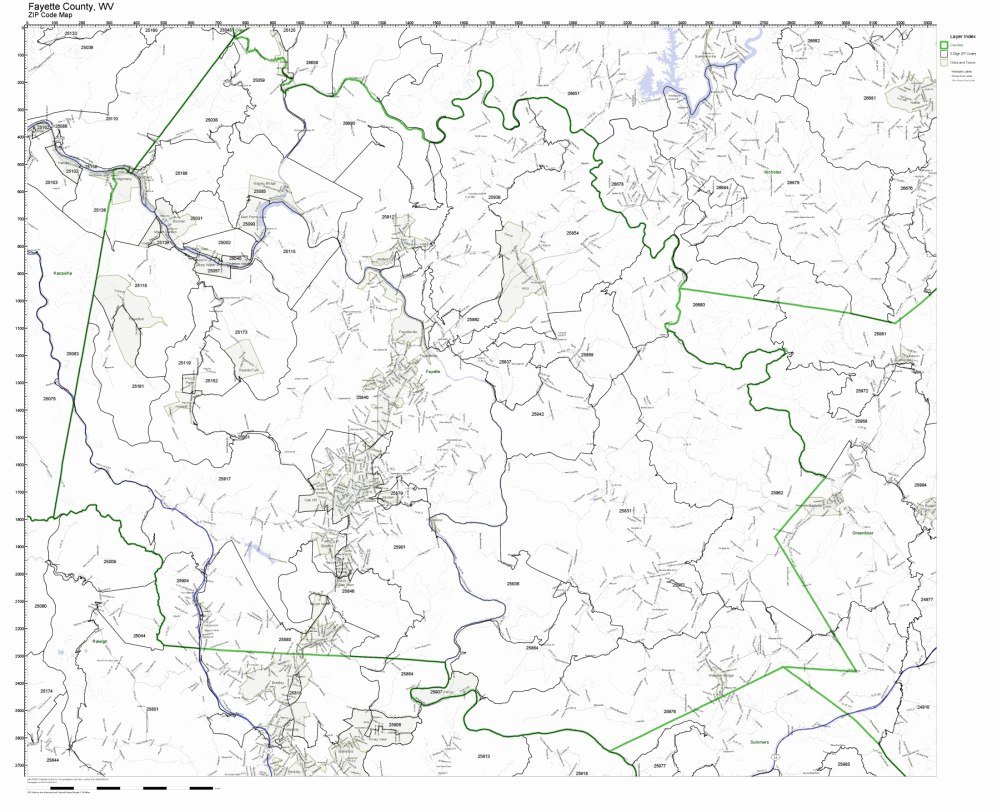 Fayette County, West Virginia WV ZIP Code Map Not Laminated