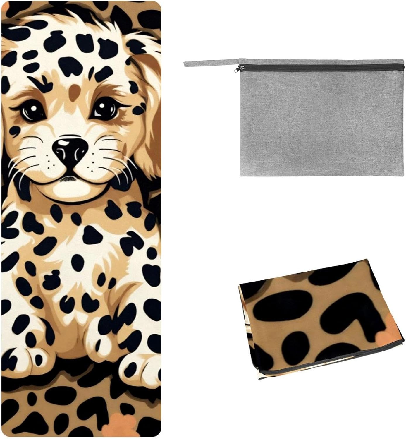 Yoga Towel, Flower Dog Leopard Pattern Non Slip Sweat Absorbent Hot Yoga Mat Towel for Hot Yoga, Pilates and Fitness - 72.8" x 26.8"
