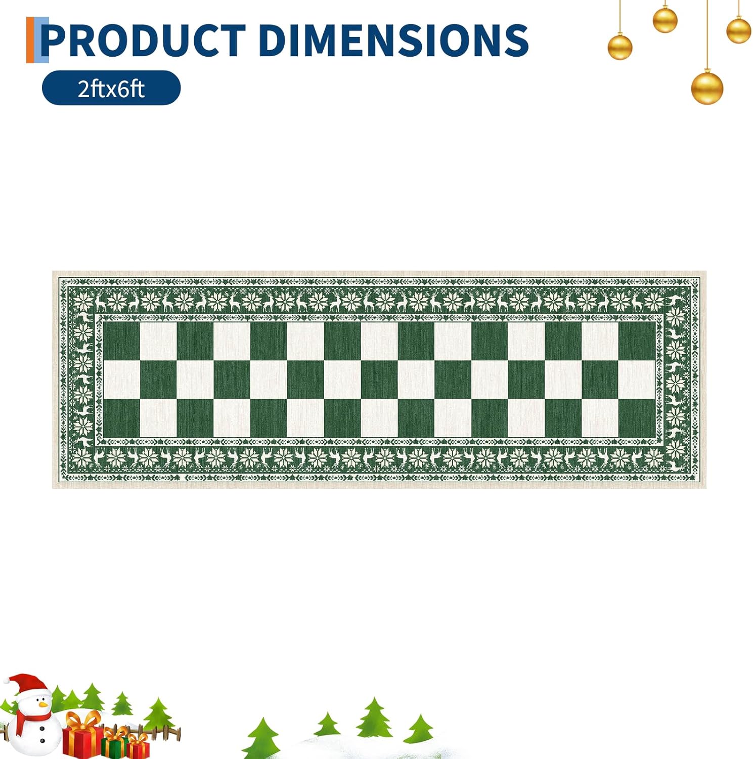 GarveeHome Green 2x6 Runner Rug, Washable Rug for Christmas Decor, Indoor Non Slip Carpet, Checkered Soft Low Pile Christmas Rugs for Kitchen, Entryway, Living Room, Bedroom