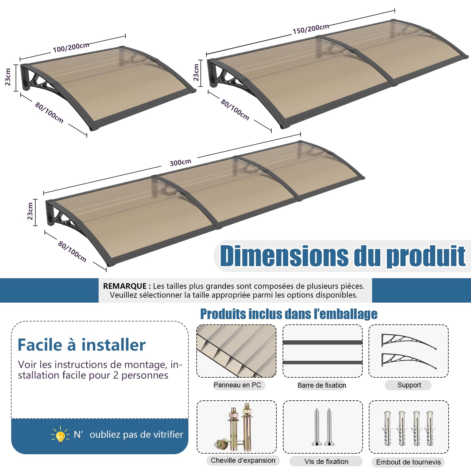 GUANSU 300x80cm Marquise de Porte Extérieure, Auvent Polycarbonate Anti-UV | Bloque UV & chaleur, Anti-pluie vent neige, Auvent porte d'entrée pour terrasse/balcon/fenêtre, Support ABS anti-rouille