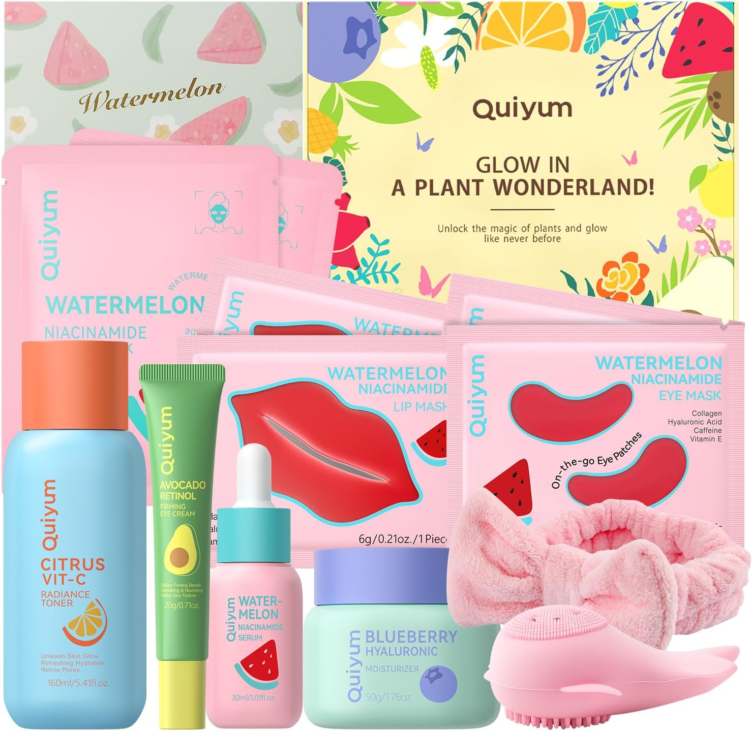 Fruit Skin Care Set, 8-Piece Moisturizing Set for Women with Cleanser, Toner, Serum, Eye Cream, Moisturizer, Face Mask, Brush and Headband