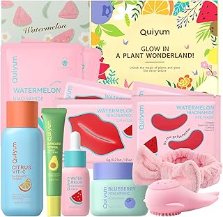 QUIYUM Coffret Set Soin de la Peau aux Fruits,Kit Hydratant Visage 12 Pièces pour Femmes avec Tonique,Sérum,Crème Contour des Yeux,Crème Hydratante,Masque,Brosse,Bandeau