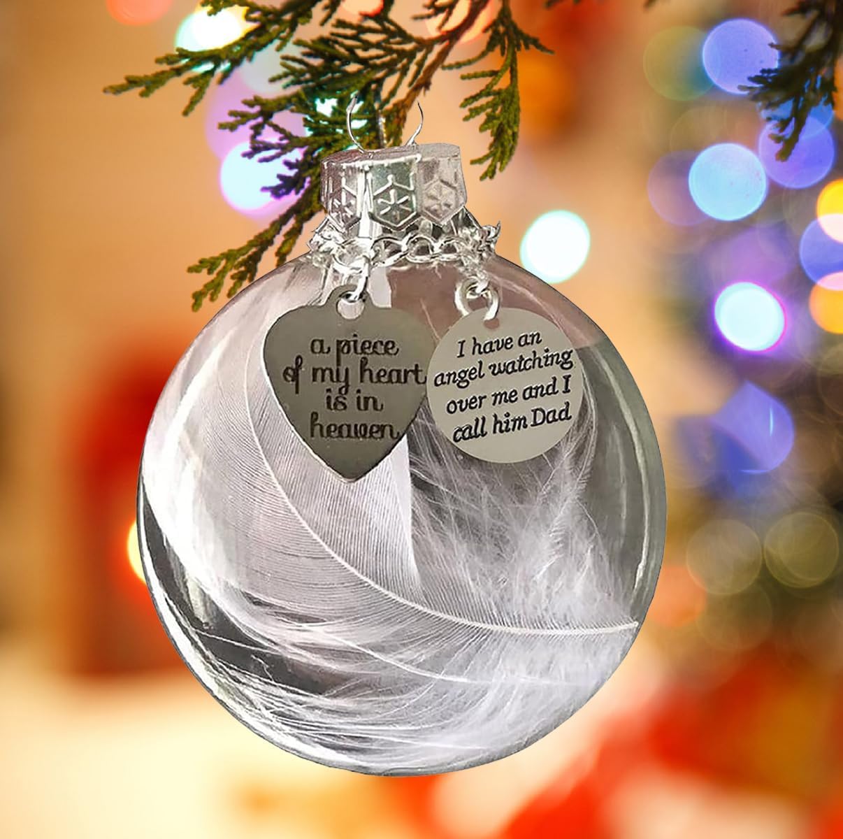 Dad Memorial Christmas Ornament - Clear Feather Ball With Heaven Inscription
