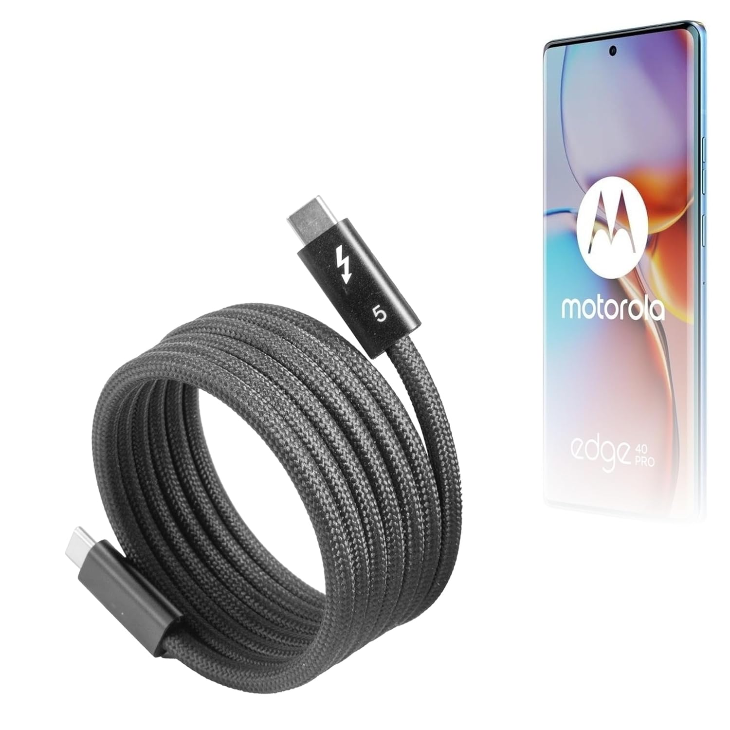 BoxWave Cable Compatible with Motorola Edge 40 Pro - SnapWrap Thunderbolt 5.0 Cable (5ft 240W), Magnetic Self-Coiling Nylon Braided Retractable - Jet Black