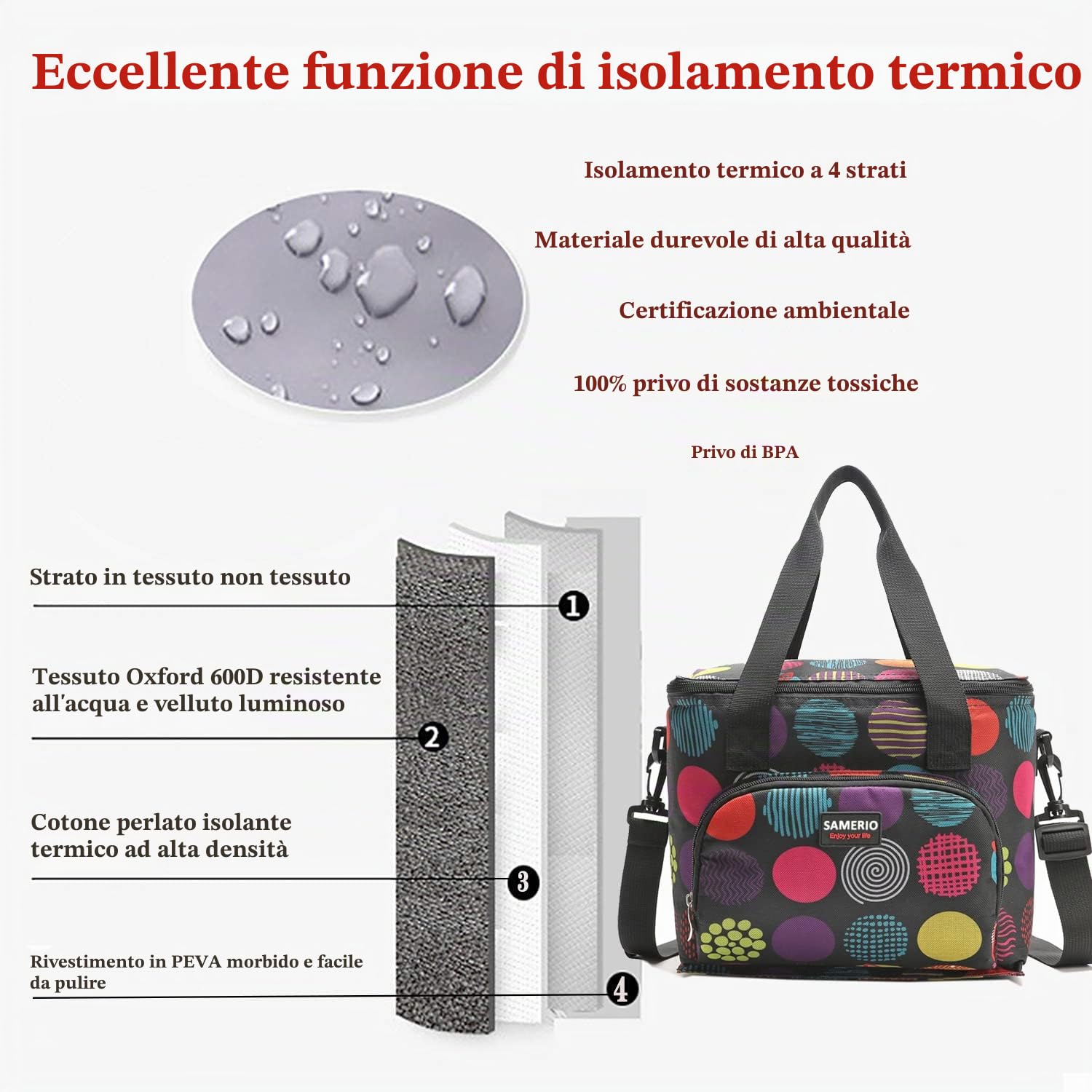 Borsa Termica Donna Pranzo Riutilizzabile Cinghia Regolabile Cerniera Campeggio Lavoro Scuola