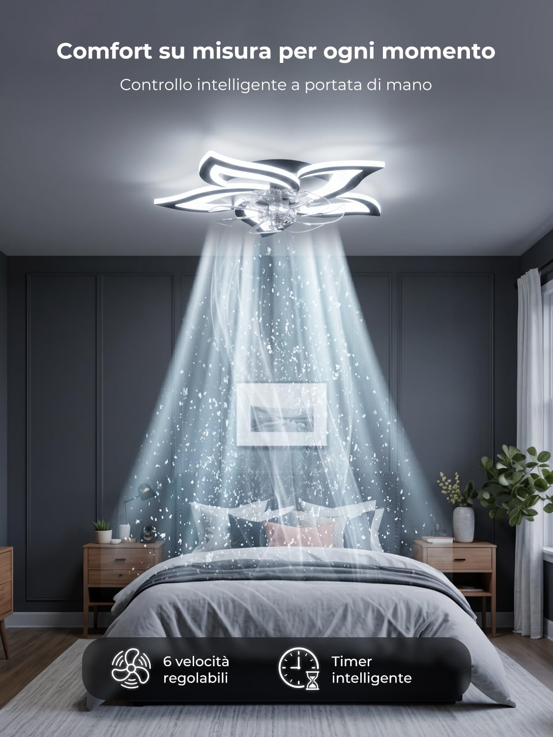 Lampadario con Ventilatore da Soffitto Silenzioso Nero Ventilatore da Soffitto con Luce e Telecomando Motore DC Reversibile Memoria Dimmerabile Lampadario con Pale con 6 Velocità