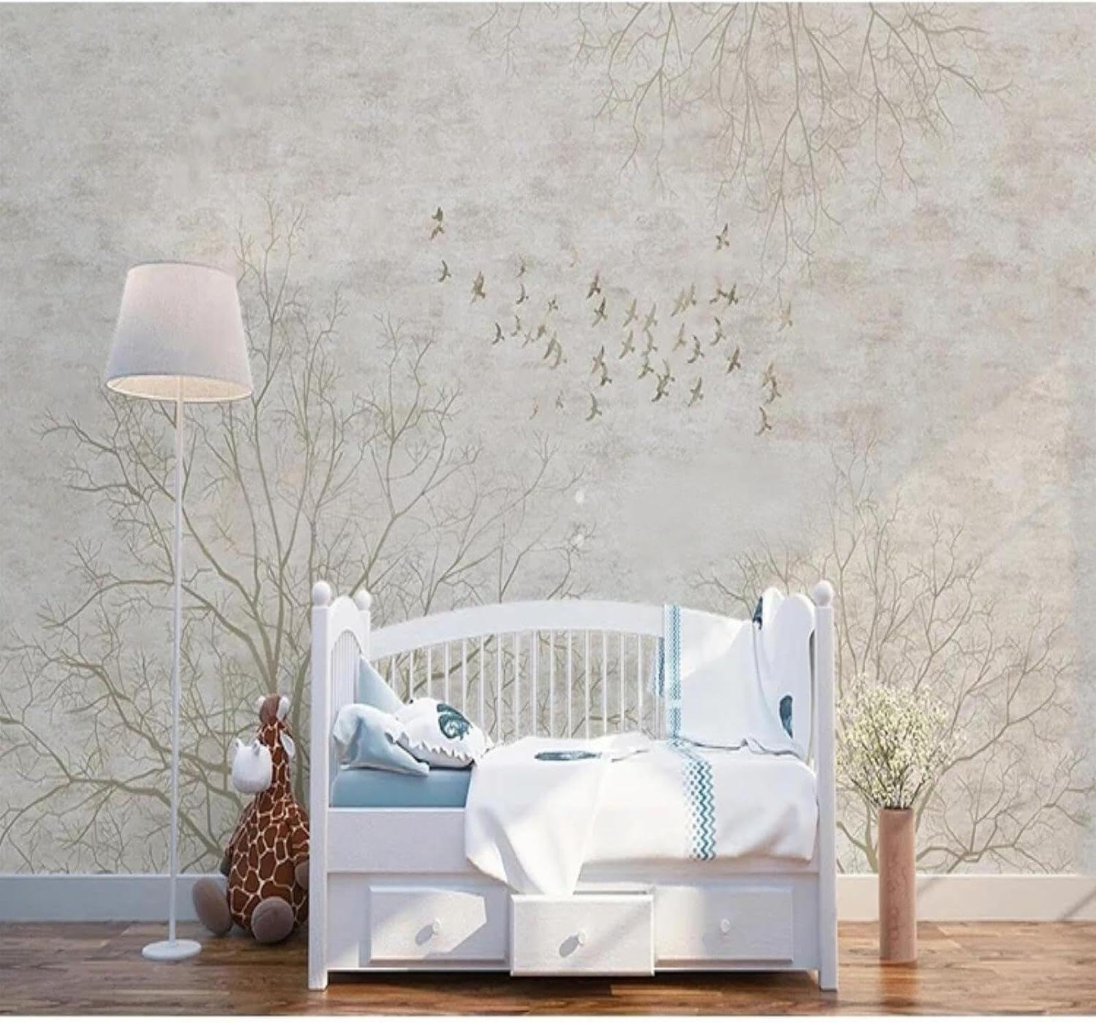 XLMING Retro Style Grey Branches Birds 3D Wallpaper Silky Texture Home Study Office Grey Dining Room Sofa Bedroom Living Room TV Backdrop-350cm×256cm