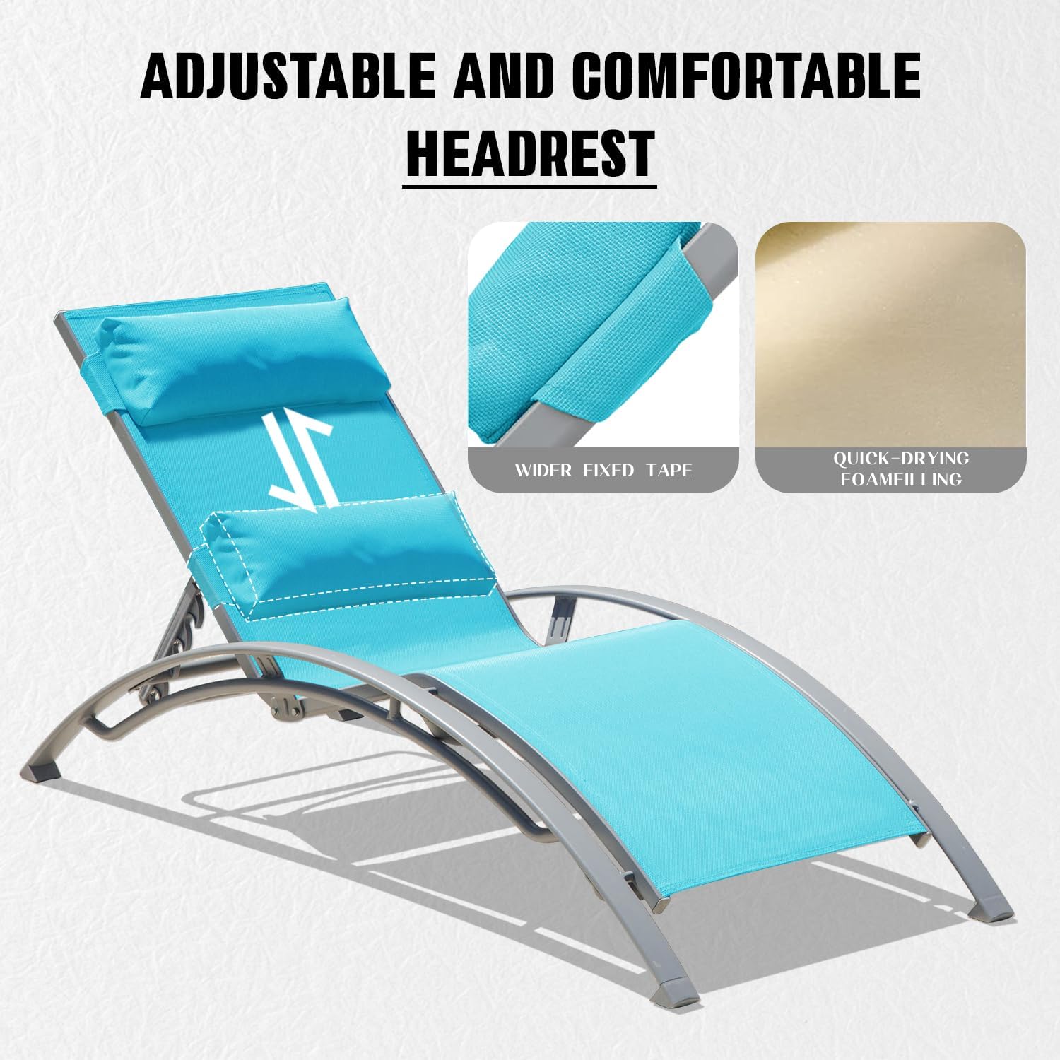 Domi Pool Lounge Chairs Set of 2, Adjustable Aluminum Outdoor Chaise Lounge Chairs, All Weather for Deck Lawn Poolside Backyard -Lake Blue Textilene