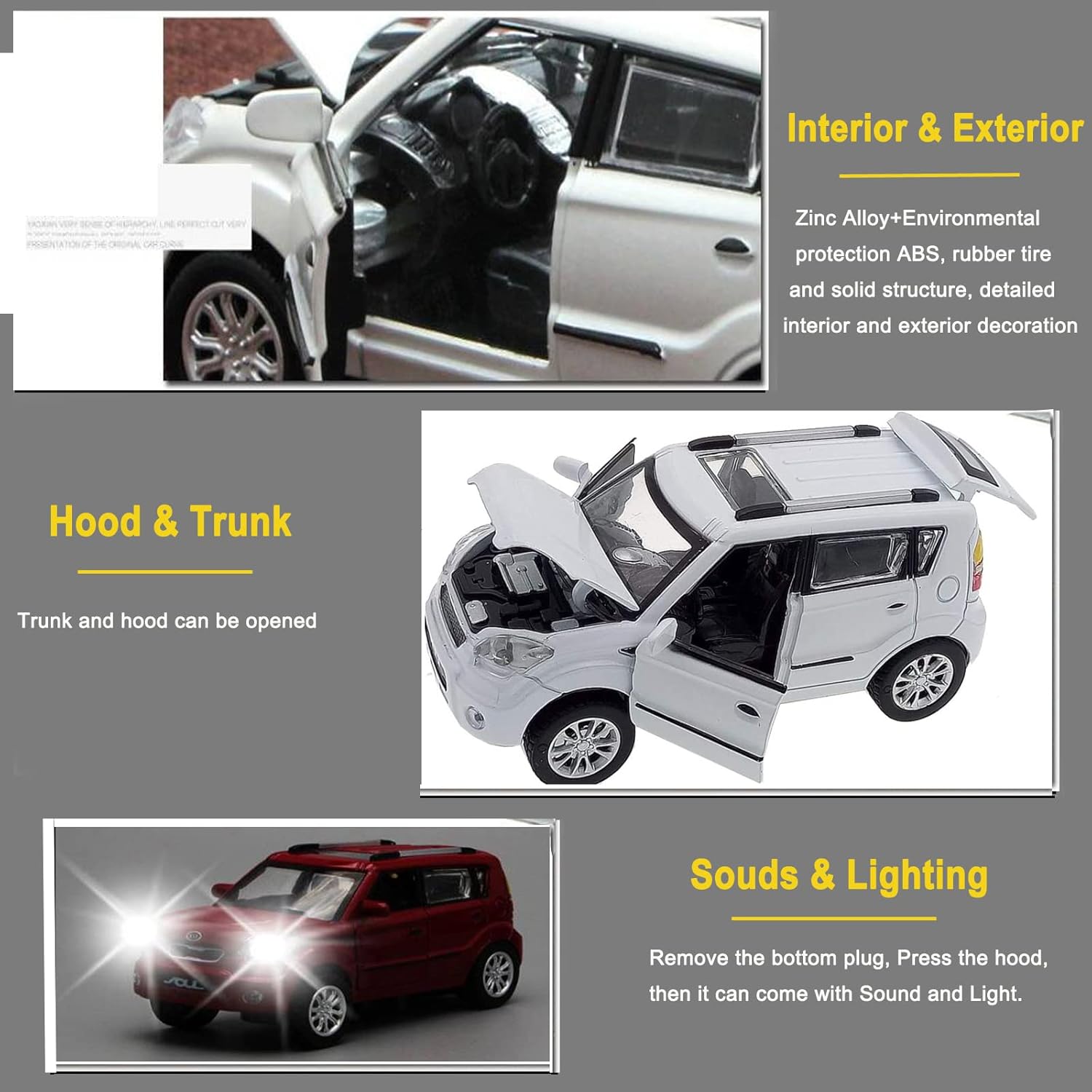 Toy Cars Diecast Car Models Soul Hatchback Model Cars,Pull Back Cars,Boxy Car Toy with Sound and Light for 3+ Year Old Boys(White)