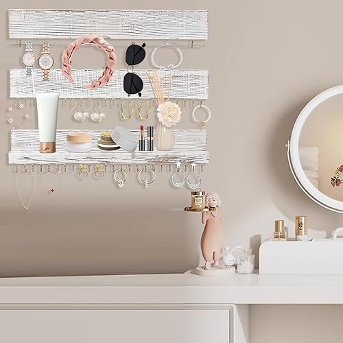 Miniatura 6 de Juego de 3 estantes colgantes para joyas, de madera, para colgar en la pared, aretes, collares, pulseras, organizador de estantes